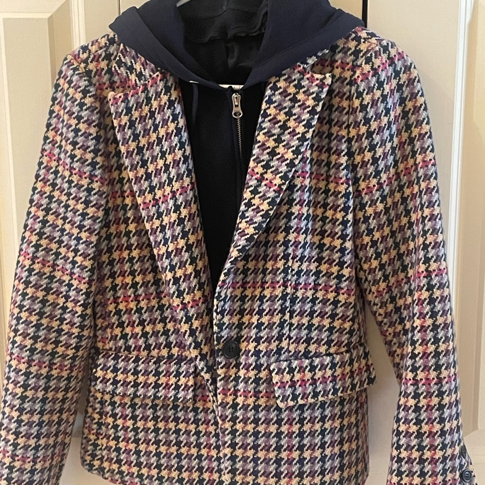 Anthropologie Multicolor Houndstooth Blazer with Navy Hoodie